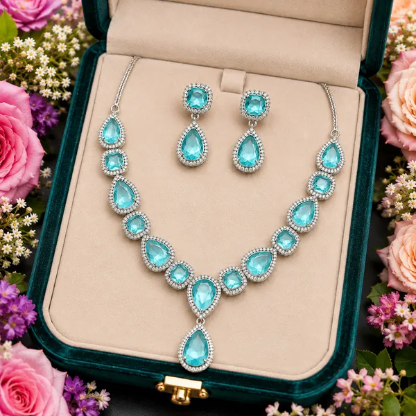 Aqua_Brass_Stone_Teardrop_Necklace_And_Earrings_Set_For_Women
