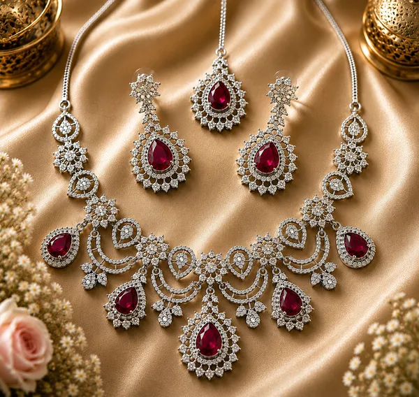 Silver_Red_Brass_Teardrop_Stone_Necklace_And_Earrings_Set_For_Women