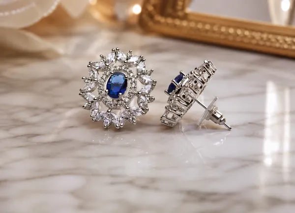 Blue_Brass_Oval_Stone_Floral_Stud_Earrings_For_Women
