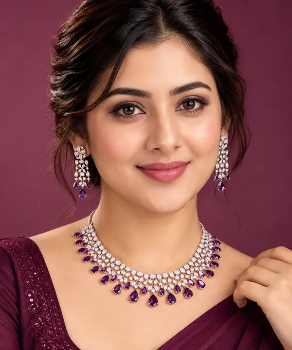 Silver_Brass_Purple_Teardrop_Stone_Necklace_Set_For_Women