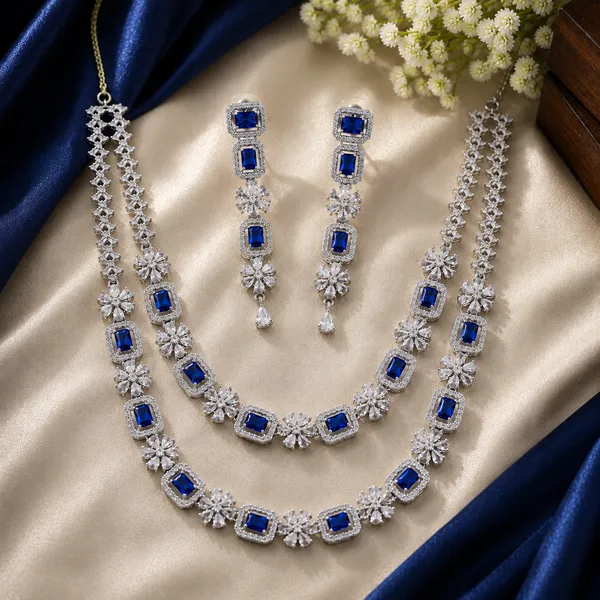 Blue_Stone_Silver_Tone_Layered_Floral_Necklace_Set_For_Women