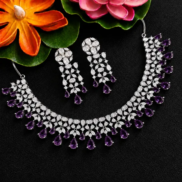 Silver_Brass_Purple_Teardrop_Stone_Necklace_Set_For_Women