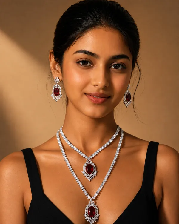 Silver_Red_Brass_Layered_Stone_Necklace_And_Earrings_Set_For_Women