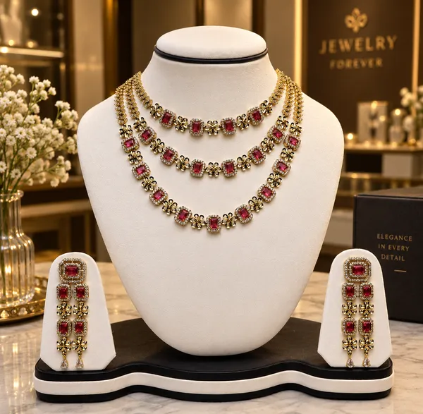 Gold_Tone_Red_Stone_Three_Layer_Floral_Necklace_Set_For_Women