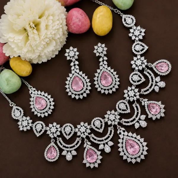 Pink_Brass_Silver_Tone_Bridal_Teardrop_Stone_Necklace_Set_For_Women
