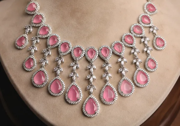 Pink_Teardrop_Stone_Statement_Brass_Necklace_Set_For_Women