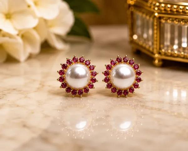 Gold_Tone_Pearl_Red_Stone_Halo_Stud_Earrings_For_Women