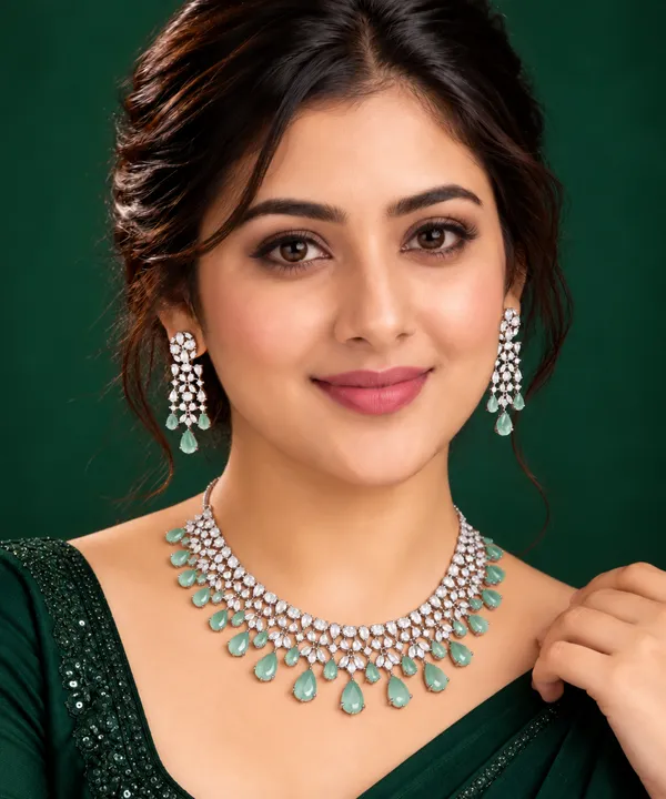 Green_Brass_Floral_Teardrop_Necklace_Earrings_Set_For_Women