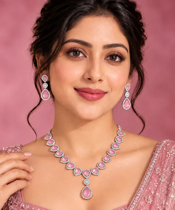 Pink_Teardrop_Stone_Linked_Brass_Necklace_Set_For_Women