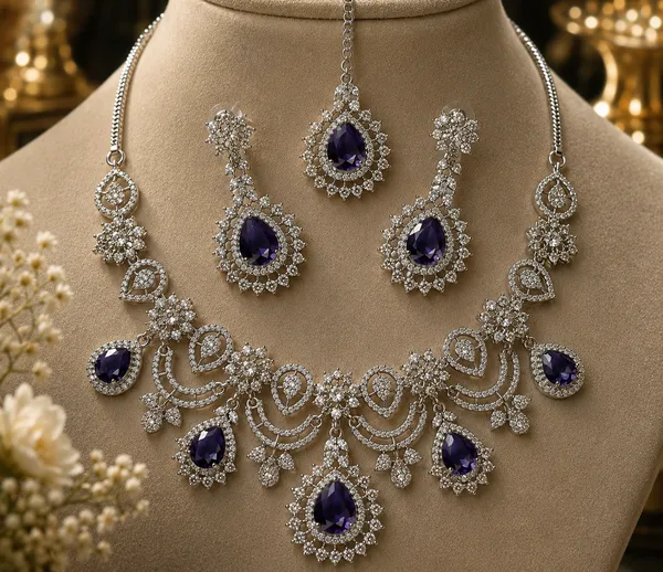 Silver_Purple_Brass_Bridal_Teardrop_Stone_Necklace_Set_For_Women