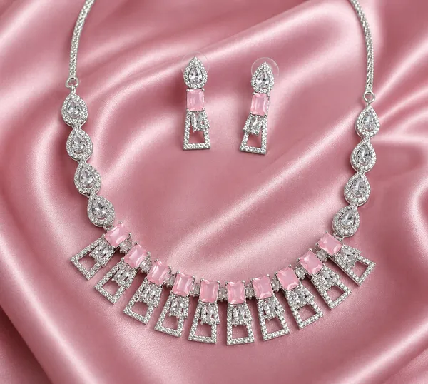 Pink_Stone_Silver_Tone_Geometric_Rectangular_Necklace_Set_For_Women