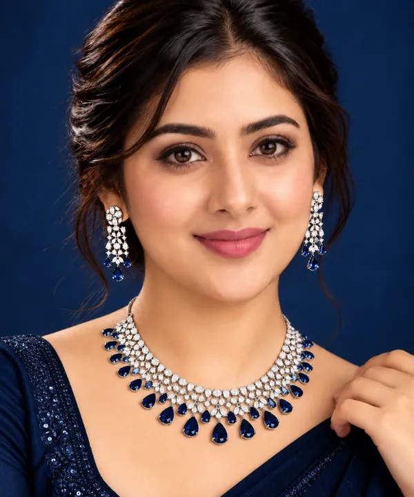 Blue_Stone_Silver_Tone_Clustered_Statement_Necklace_Set_For_Women