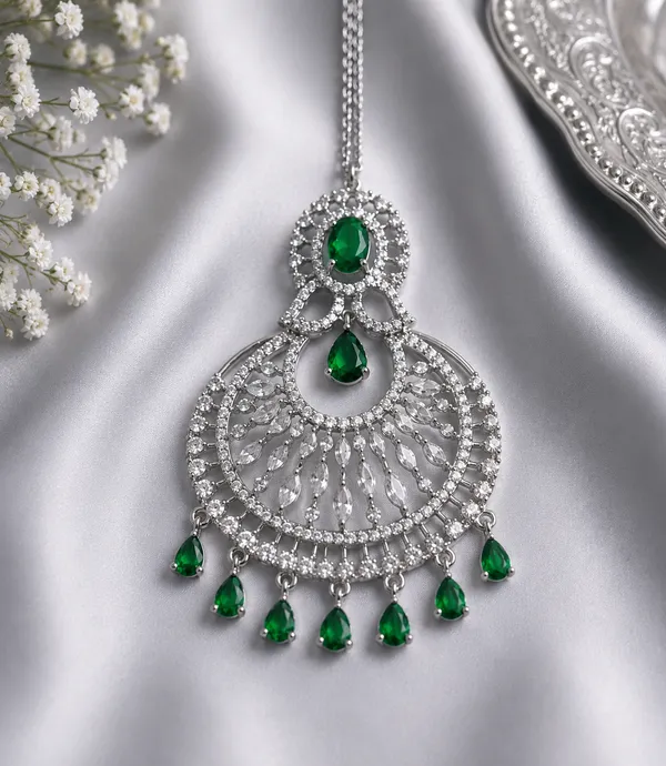 Green_Brass_Silver_Tone_Stone_Maang_Tikka_For_Women