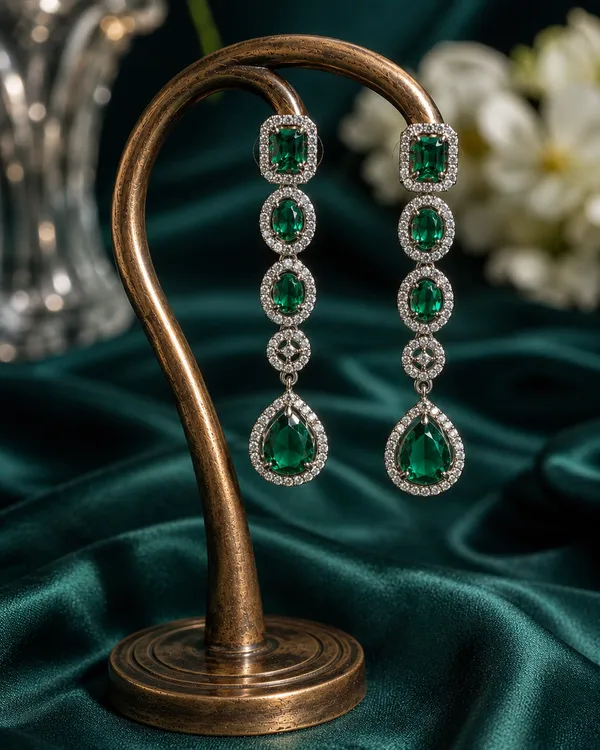 Green_Brass_Floral_Stone_Necklace_And_Earrings_Set_For_Women