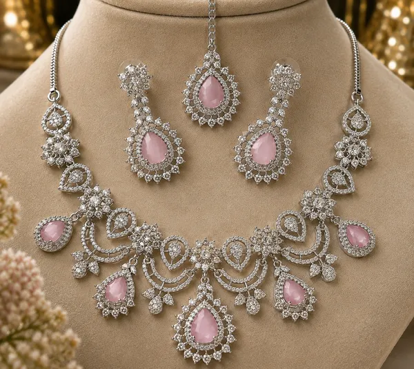 Pink_Brass_Silver_Tone_Bridal_Teardrop_Stone_Necklace_Set_For_Women