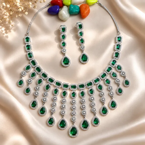 Green_Brass_Floral_Stone_Necklace_And_Earrings_Set_For_Women