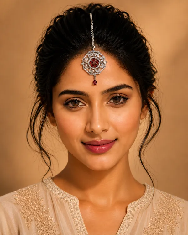 Silver_Red_Brass_Geometric_Stone_Maang_Tikka_For_Women