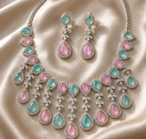 Pink_Green_Teardrop_Stone_Layered_Brass_Necklace_Set_For_Women