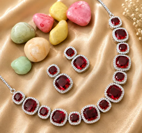 Red_Stone_Silver_Tone_Graduated_Statement_Necklace_Set_For_Women