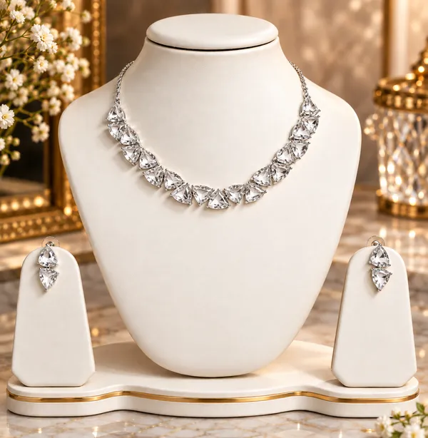 Silver_Clear_Brass_Leaf_Stone_Necklace_And_Earrings_Set_For_Women