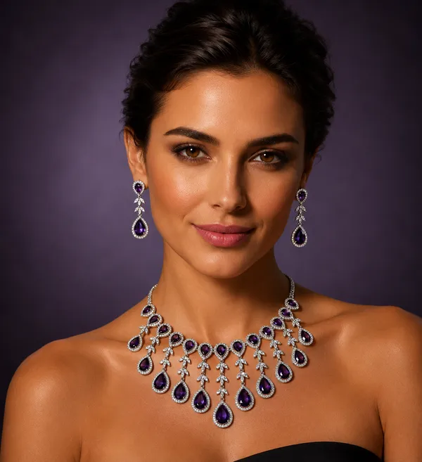 Purple_Brass_Teardrop_Stone_Statement_Necklace_Set_For_Women