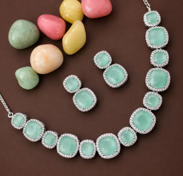 Mint_Green_Stone_Silver_Tone_Linked_Necklace_Set_For_Women