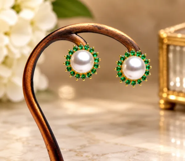 Green_Brass_Gold_Tone_Pearl_Halo_Stud_Earrings_For_Women