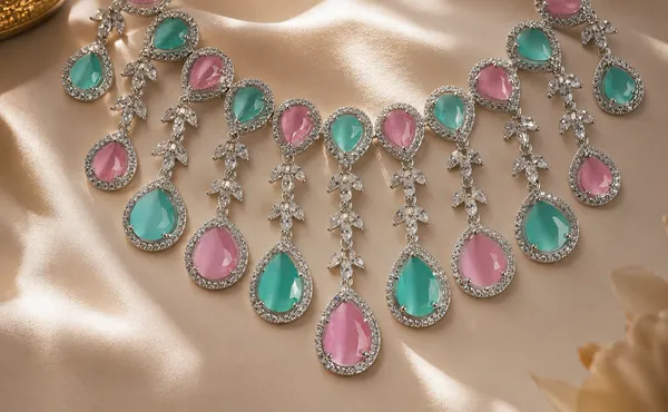 Pink_Green_Teardrop_Stone_Layered_Brass_Necklace_Set_For_Women