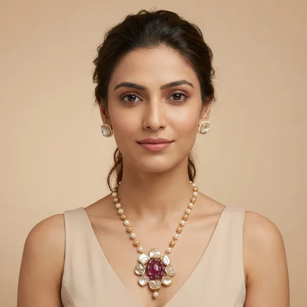 Golden_Noor_Red_Agate_Pearl_Statement_Necklace_Set_For_Women