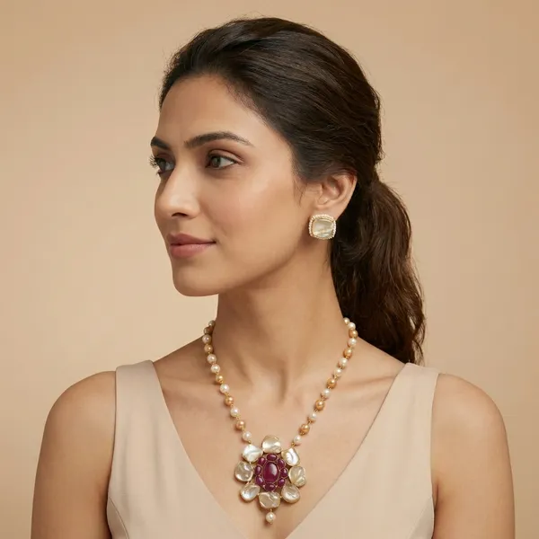 Golden_Noor_Red_Agate_Pearl_Statement_Necklace_Set_For_Women