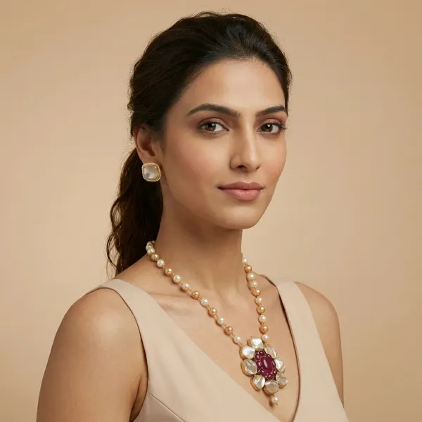 Golden_Noor_Red_Agate_Pearl_Statement_Necklace_Set_For_Women