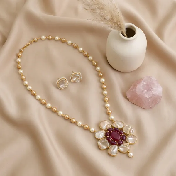 Golden_Noor_Red_Agate_Pearl_Statement_Necklace_Set_For_Women