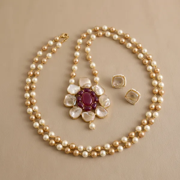 Golden_Noor_Red_Agate_Pearl_Statement_Necklace_Set_For_Women