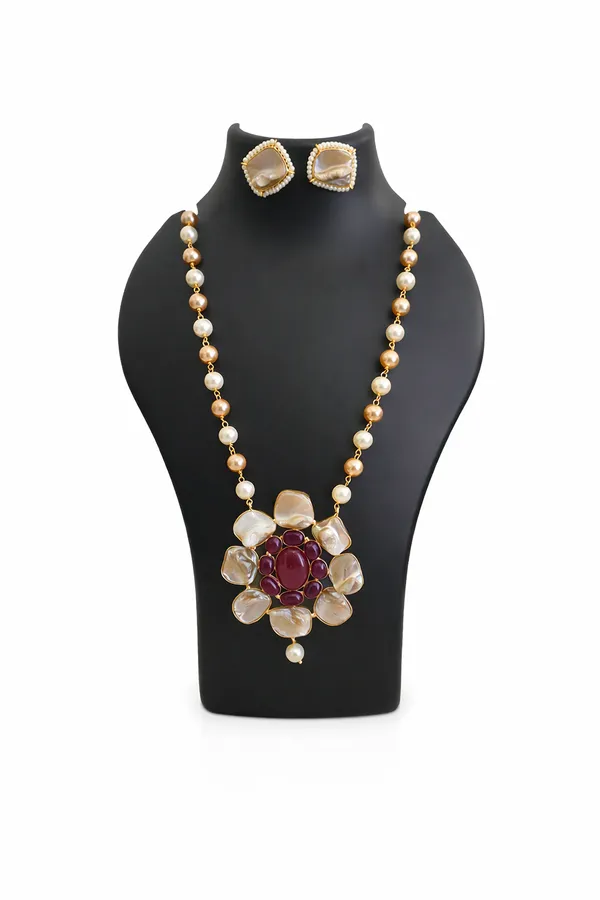Golden_Noor_Red_Agate_Pearl_Statement_Necklace_Set_For_Women