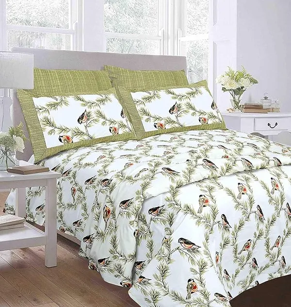 White_And_Green_Cotton_Double_Bedsheets_With_2_Pillow_Cover