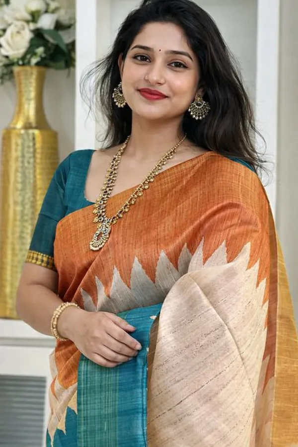 Teal_Tussar_Silk_Digital_Print_Saree_For_Women