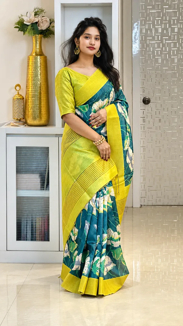 Teal_Tussar_Silk_Digital_Print_Saree_For_Women