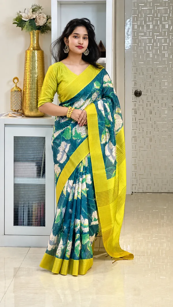 Teal_Tussar_Silk_Digital_Print_Saree_For_Women
