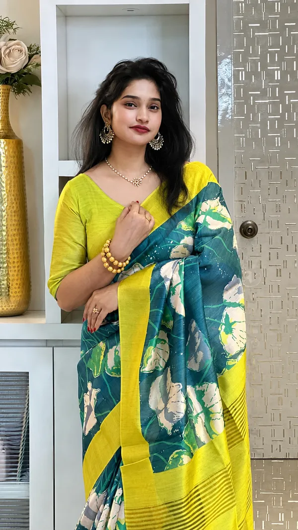 Teal_Tussar_Silk_Digital_Print_Saree_For_Women