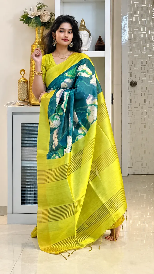 Teal_Tussar_Silk_Digital_Print_Saree_For_Women