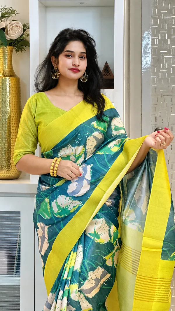 Teal_Tussar_Silk_Digital_Print_Saree_For_Women