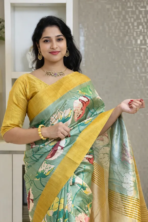 Pista_Tussar_Silk_Digital_Print_Saree_For_Women