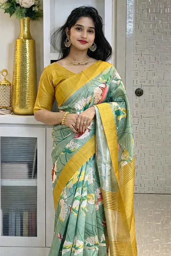 Pista_Tussar_Silk_Digital_Print_Saree_For_Women