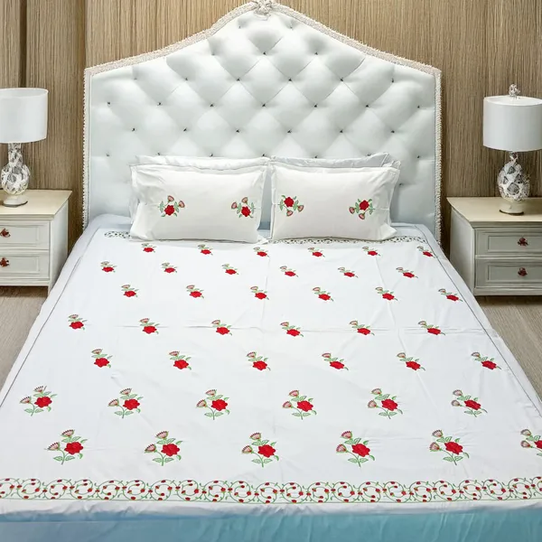 Pack_Of_1_White_Cotton_Embroidered_Laal_Gulaab_Bedsheet_Double_Bed