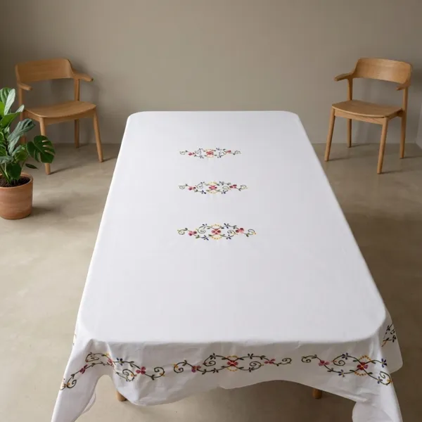 6_Seater_White_Cotton_Embroidered_Pink_Scarlet_Table_Cloth