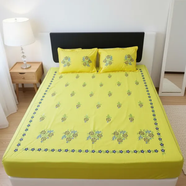 Pack_Of_1_Yellow_Cotton_Embroidered_Meetha_Zard_Bedsheet_Double_Bed