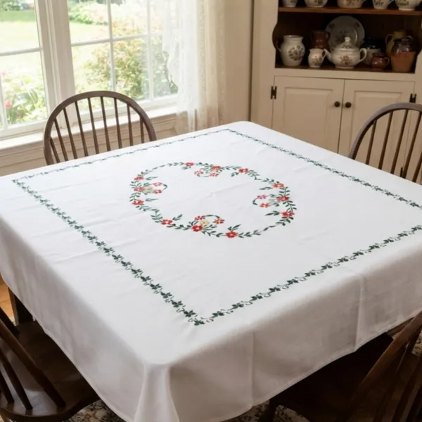 4_Seater_White_Cotton_Embroidered_Red_Scarlet_Table_Cloth