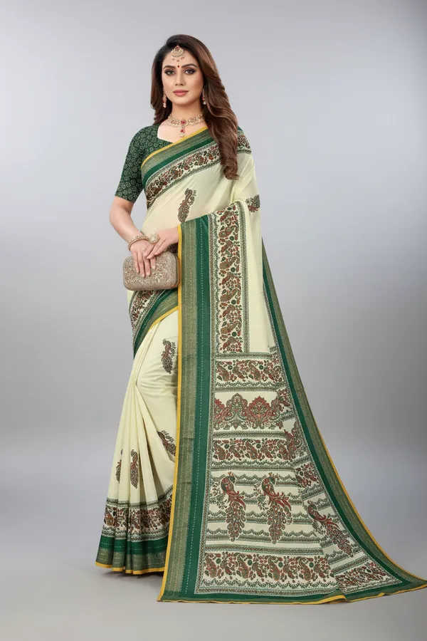 Cream_&_Teal_Floral_Print_Saree