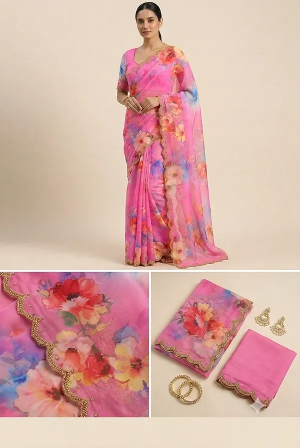 Bubblegum_Pink_Handcrafted_Georgette_Saree