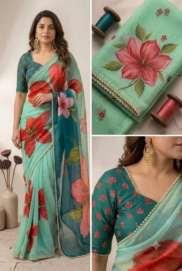 Mint_Green_&_Teal_Handcrafted_Georgette_Saree